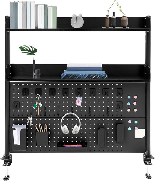 Clamp on Desk Shelf with Pegboard, Desk Extender Pegboard Workstation, Desktop Bookshelf Storage Shelves for Home Office Dorm, 37.4in (Black)
