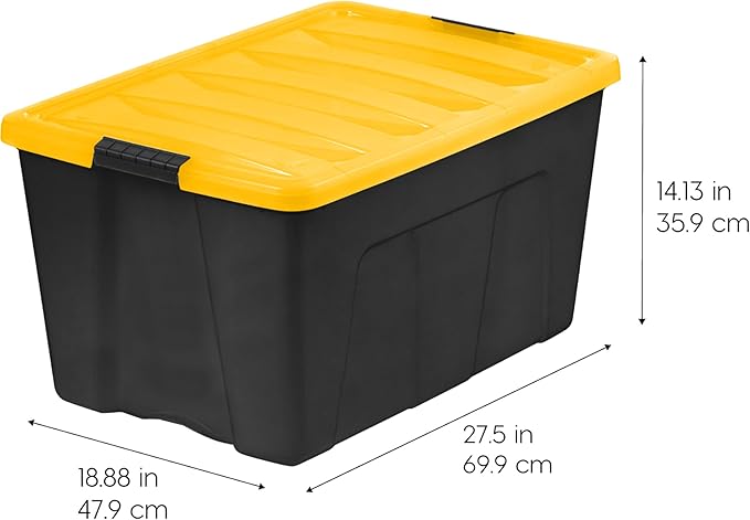 IRIS USA 94 Qt Stackable Plastic Storage Bins with Lids, 4 Pack - BPA-Free, Made in USA - Garage Organizing Solution, Latches, Durable Nestable Containers, Secure Pull Handle - Black/Yellow