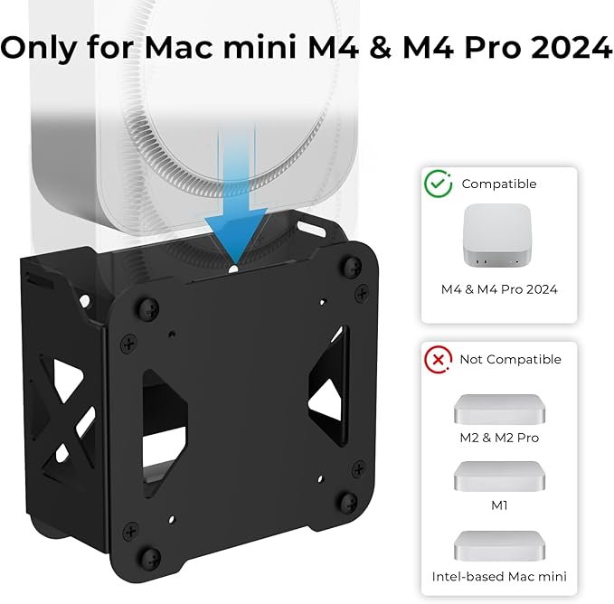 Yimaut Mount Only for Mac Mini M4 and M4 Pro, Behind Monitor VESA Mount 75x75 100x100, Attach to Monitor Arm, Under Desk and Wall Mount, for Mac Mini Mount Metal Bracket with Cable Ties