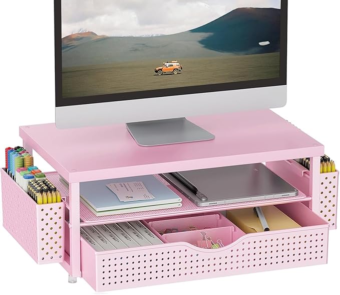 gianotter Wood Monitor Stand Riser, Desk Organizer with Drawer and 2 Pen Holders, 2-Tier Workspace Organizer for Office Supplies(Pink Wood)