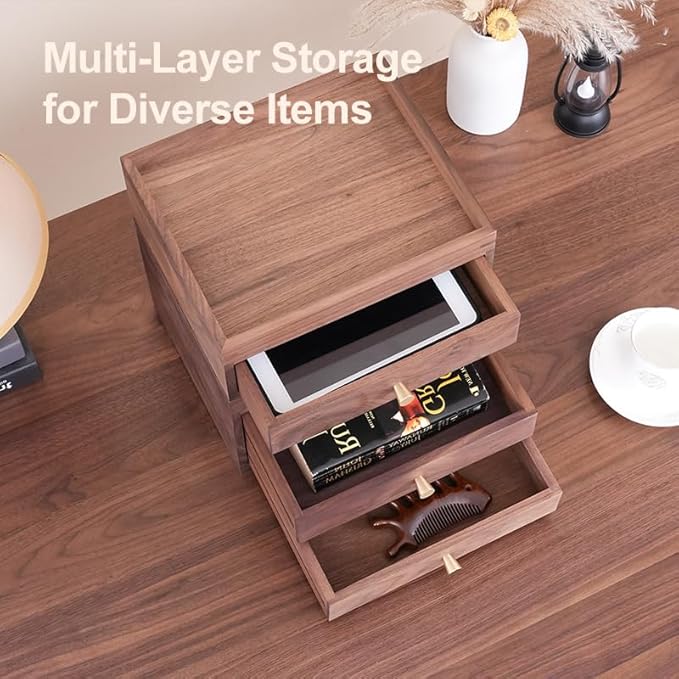 Solid Walnut Wood Desk Drawer Organizer – 1/2 Tier Desktop Storage Box with Drawers for Stationery, Makeup, Jewelry, Remote Control (Double)