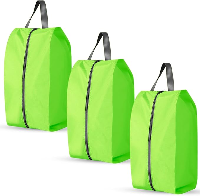 3 Pack Folding Shoe Bags for Travel with Zipper Closure, Waterproof Shoe Storage Bag with Handle, Washable Shoe Organizers Packing Cubes for Gym Women Men (Green)