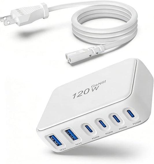 USB Fast Charging Hub, 120W GaN 6-Port USB C Power Strip with Independent Power Delivery—Desktop USB Charger Block Multiple Ports with No-Buzz Design, Compatible with iPhone/iPad/Samsung/Pixel