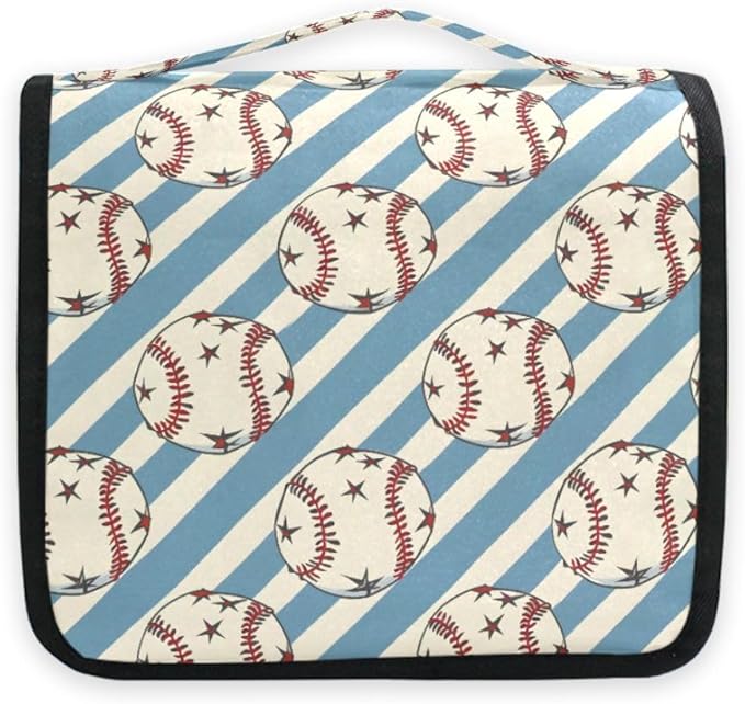 Hanging Travel Toiletry Bag Kit Boys Makeup Case Cosmetics Organizer for Men Women (Baseball Balls Star Blue Stipes)