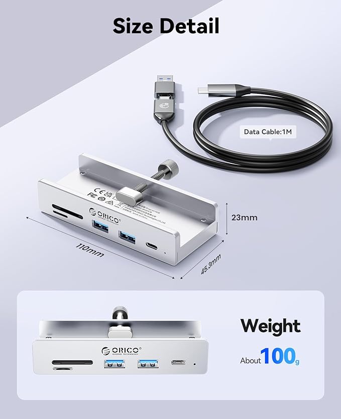 ORICO USB Hub 3.2, USB-Hub Clamp with Type-C PD 60W Port, 10Gbps Aluminum 6-Port USB Extender with 2 USB-A 3.2 Ports, USB-C 3.2, SD/TF Card Reader 3.0, AUX, USB-3.2 Splitter for Monitor, Desk