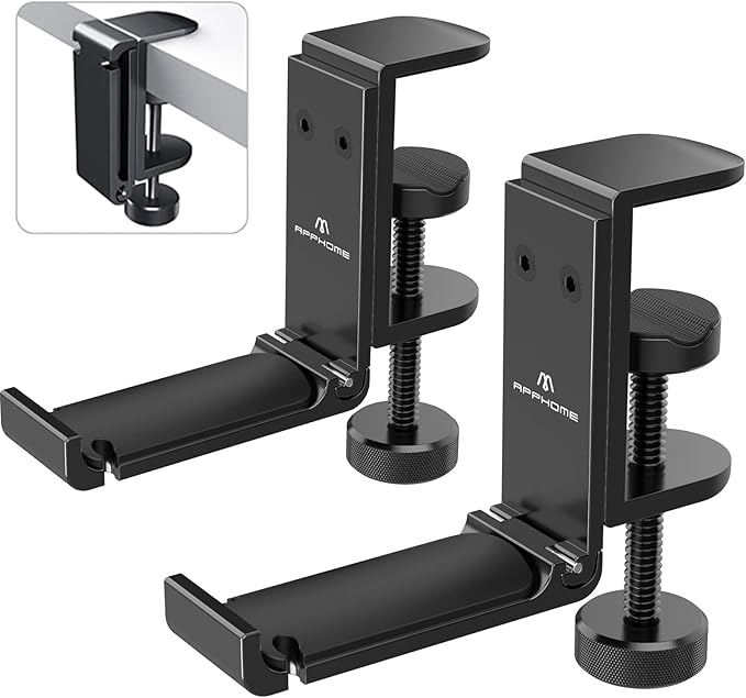 2Pack Upgrade Foldable Headphone Stand Under Desk PC Gaming Headset Hanger Holder Hook Clamp with Built in Cable Clip Organizer Space Save Mount Fold Upward Not in Use, Universal Fit, Black