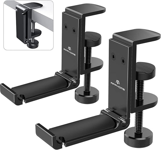 2Pack Upgrade Foldable Headphone Stand Under Desk PC Gaming Headset Hanger Holder Hook Clamp with Built in Cable Clip Organizer Space Save Mount Fold Upward Not in Use, Universal Fit, Black