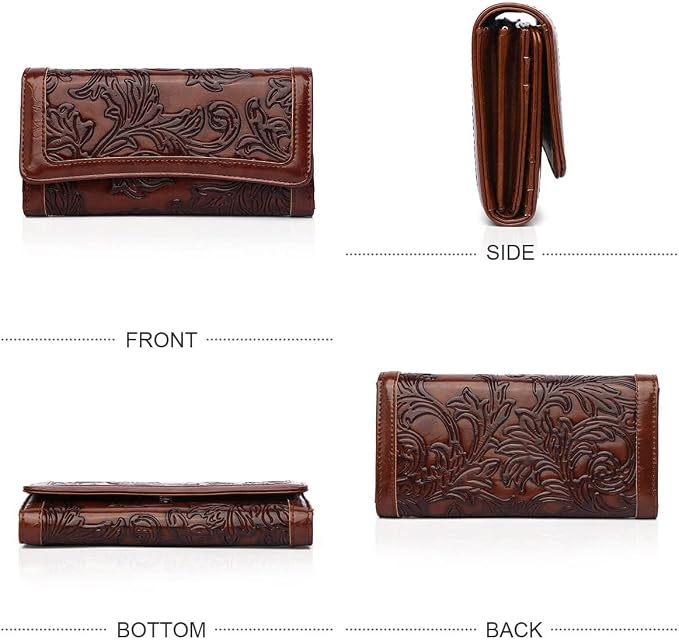 MEITRUE Women's Wallet Leather RFID Blocking Trifold Ladies Purse Embossed long Clutch Card Holder Phone Checkbook Organizer