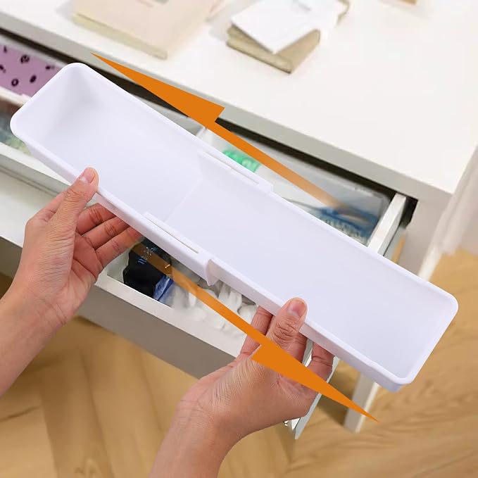 4 PCS Expandable Drawer Organizer, Adjustable Drawer Organizer Trays, Drawers Dividers Organizers and Storage For Office Supplies, Pens, Makeup,Utensils, Tools, Flatware and Junks, White