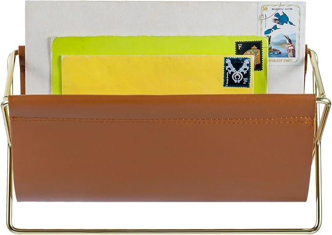 MyGift 10 Inch Mid Century Caramel Leatherette Mail Sorter Letter Holder Rack with Brass Tone Metal Frame, Faux Leather Sling Style Office Desk Card Envelope Organizer Stand
