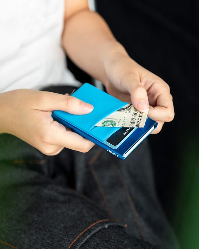 VULKIT Card Holder with Money Pocket Pop Up Wallet RFID Blocking Slim Metal Bank Card Case Holds 5 Cards and Notes