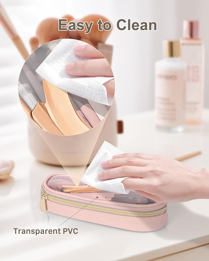Soimeat Clear Travel Makeup Brush Holder, Leather Makeup Brush Toiletry Bag, Portable Cosmetic Brush Case, Transparent Waterproof Makeup Brush Storage Bag, Pink, Large