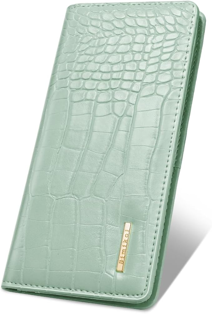 Wallet Women Bifold Faux Crocodile Leather Minimalist Slim Thin Long Wallets RFID Blocking Credit Cards Holder Purse with Back Zipper Coin Pocket for Women and Men,Green