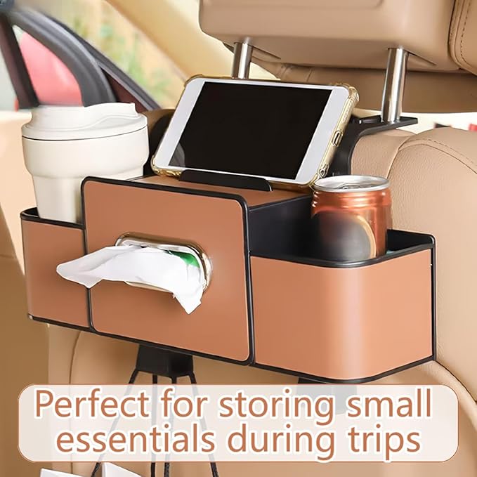 3-in-1 Multifunctional Car Backseat Organizer with Cup Holder, Tissue Box, Trash Bin & Hooks for Hold Phones, Snacks, Drinks, Handbags (Brown)