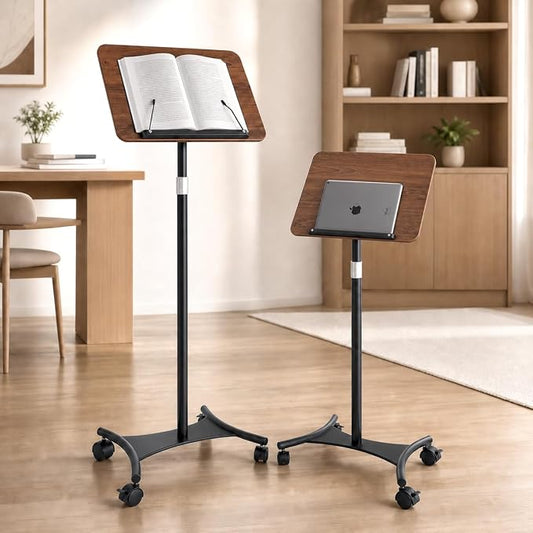 Rolling Book Stand with Wheels, Adjustable Sheet Music & Reading Stand | 16.5 x 11.8 in panel | 19-57 in adjustable height | 360° angle | Lockable wheels | For books, music, tablets