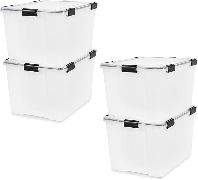 IRIS USA WeatherPro 74 Qt Storage Bins with Lids, 4 Pack, BPA-Free Plastic Gasket Box with Tight Latch and Seal, Stackable Nestable Tote Tub - Clear/Black