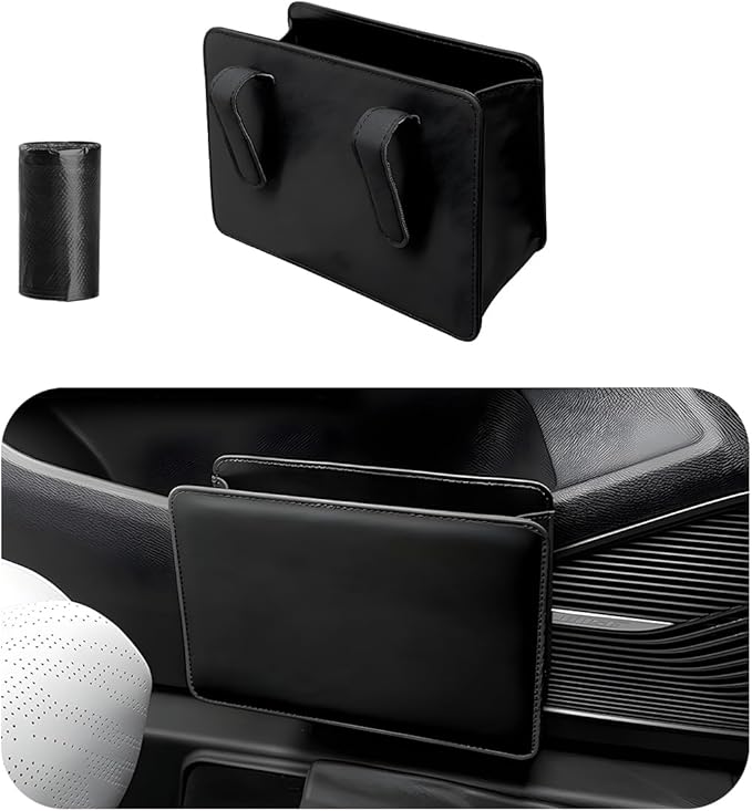 Yourkar Car Trash Can, Foldable Waterproof Leather Car Garbage Organizer Holder, Automotive Mini Dustbin Container with One Roll Trash Bag, Universal Interior Car Accessories (Black)