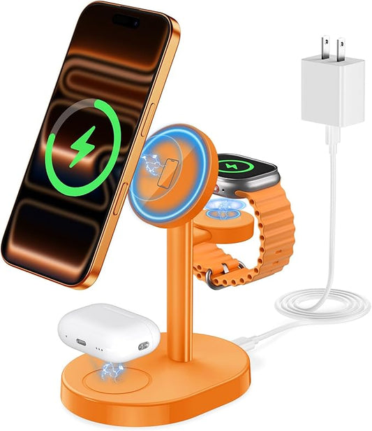 Hevanto 2026 3 in 1 Wireless Charging Station for Apple MagSafe Charger, 15W Fast Magnetic Mag-Safe Charger Stand for iPhone 17 16 15 14 13 12 Apple Watch AirPods Series, Orange