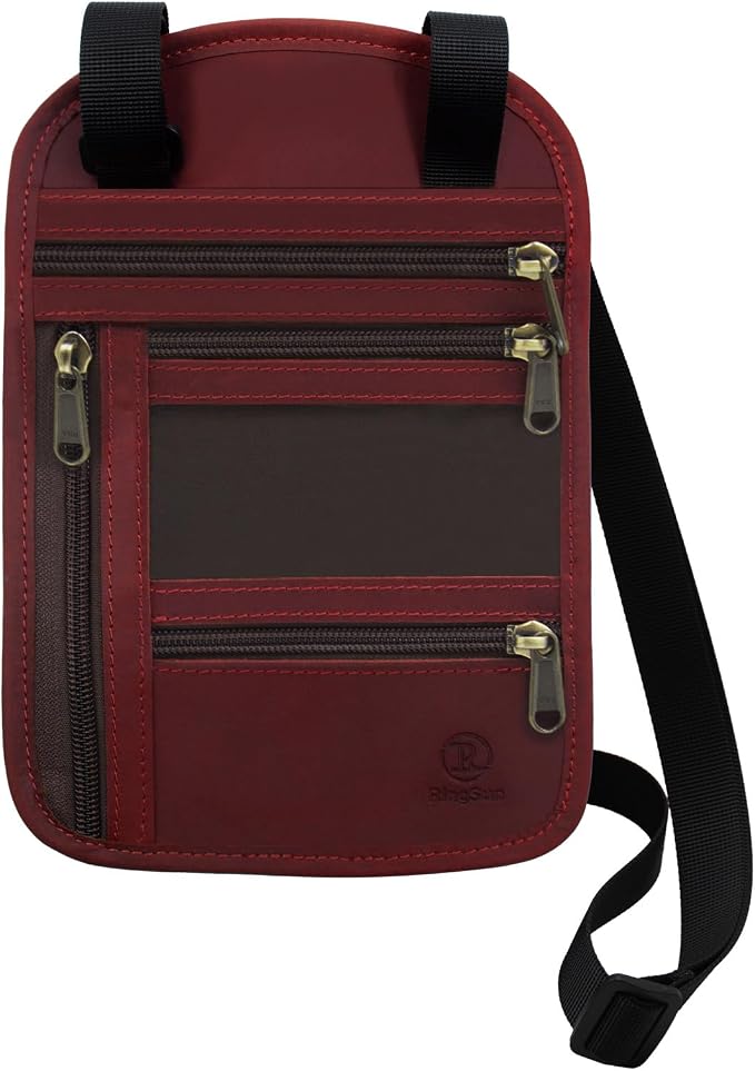 Ringsun Genuine Leather Passport Holder For Travel, RFID Blocking Slim Neck Wallet with Adjustable Strap for Women and Men, Travel Essentials to Keep Cash, Credit Cards and Documents Safe, Red