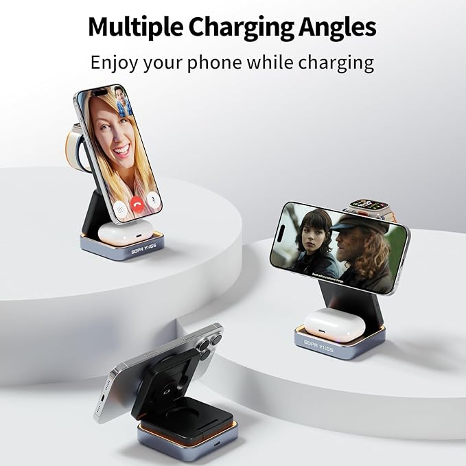 【2026 Upgraded】 Magnetic Wireless Charger 3 in 1, Foldable Charging Station with Night Light for Apple MagSafe Charger, Travel Charger Stand, Nightstand Fast 15W Charging Station (with Adapter)