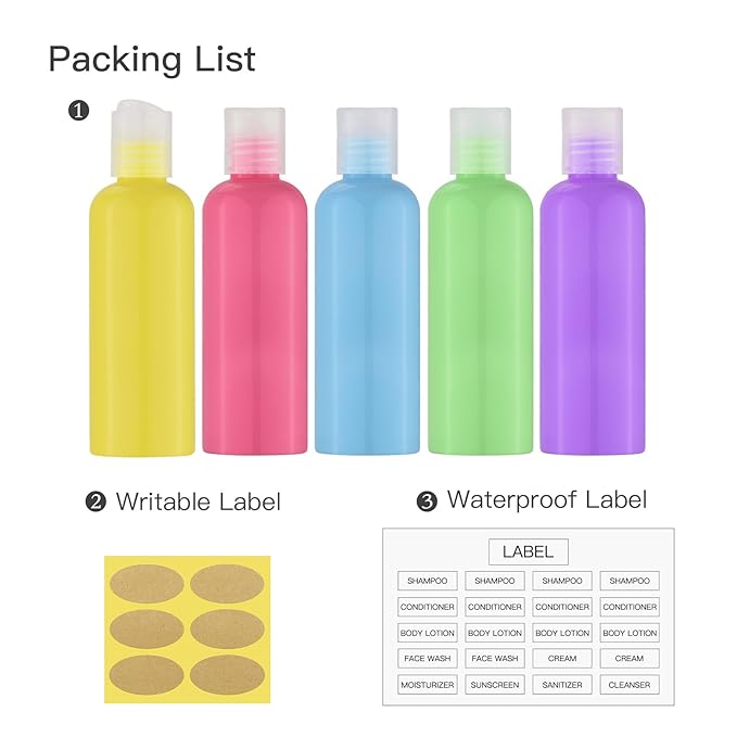 Travel Bottles for Toiletries 3.4 oz - Travel Size Containers for Shampoo Plastic - Small Empty Lotion Squeeze Bottle for Liquid TSA Approved - Leak Proof Mini Conditioner Refillable 5Color 100ml