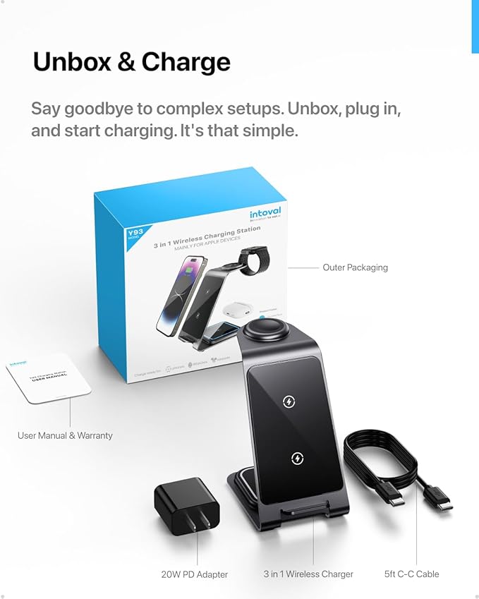 Intoval Aluminum 3 in 1 Wireless Charging Station for iPhone 17 16 15 14 13 12 11 Pro Max XR, Wireless Charger for Apple Watch 11 10 9 8 7 Ultra SE 3 2, Phone Charger for AirPods 4 Pro 2 3 (Grey)
