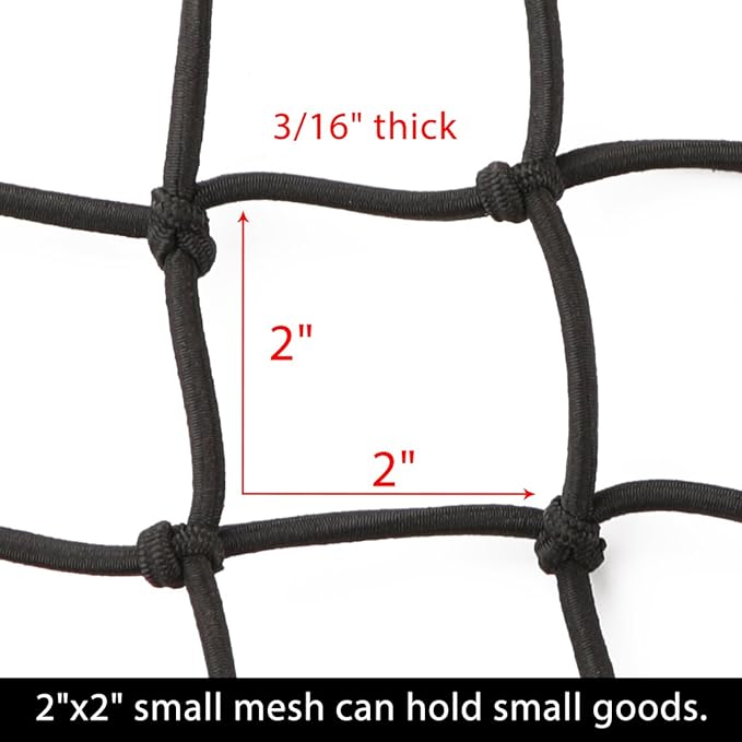 CZC AUTO 22"x38" Black Latex Bungee Cargo Net Strech to 44"x76", Luggage Netting with 2"X2" Small Mesh and 12 Adjustable Plastic Hooks for Rooftop Cargo Carrier Roof Rail Rack Hitch Basket SUV