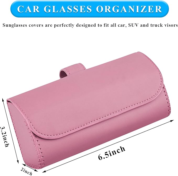 Sunglasses Holder for Car Sun Visor, Leather Auto Eyeglasses Organizer Box with Hidden Magnetic Closure, Vehicle Glasses Case Clip Holder, Car Accessories for Women Men (Pink)