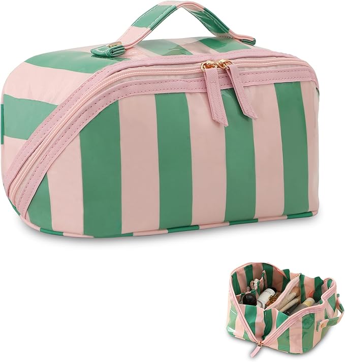 DYSHAYEN Stripe Travel Makeup Bag with Compartments Clear Coated Cosmetic Bag for Women, Waterproof Portable Open Flat Toiletry bag （Pink-Green）