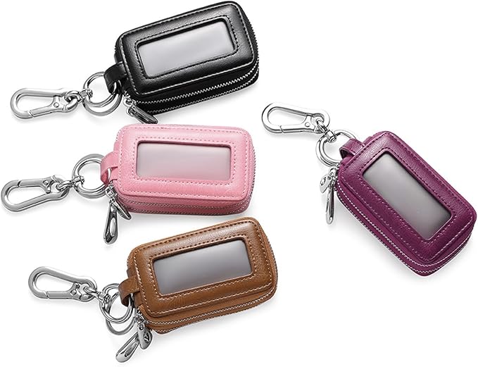 Car Key Chain Bag Double Zipper Leather Protection Key Coin Holder Keyring with Transparent Window