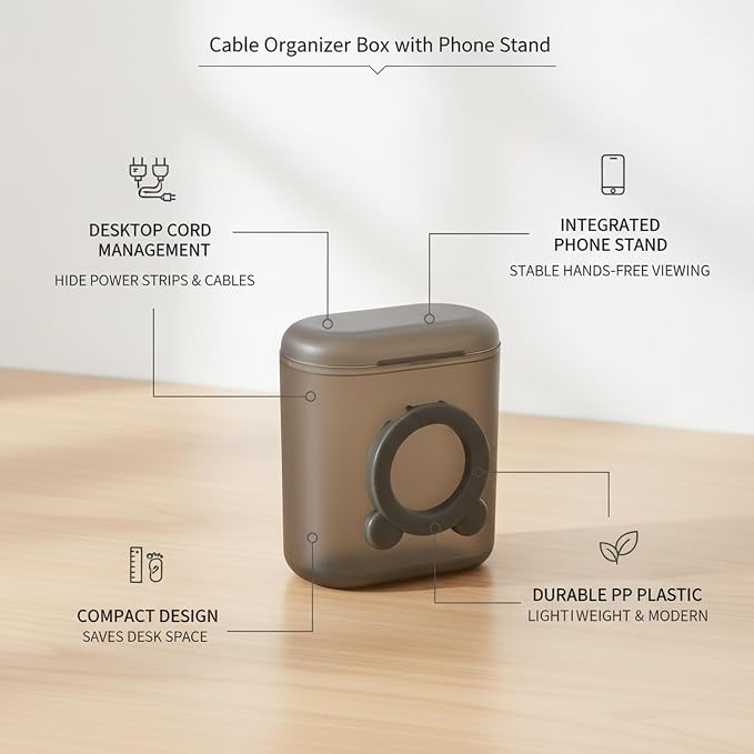 Desktop Cable Organizer Box, Compact Cord Management for Cables & Chargers, PP Plastic Case