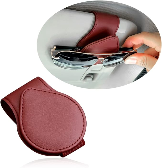 OFBAND Magnetic Sunglass Holder for Visor, PU Leather Car Organizer, Universal Accessory (Wine Red)
