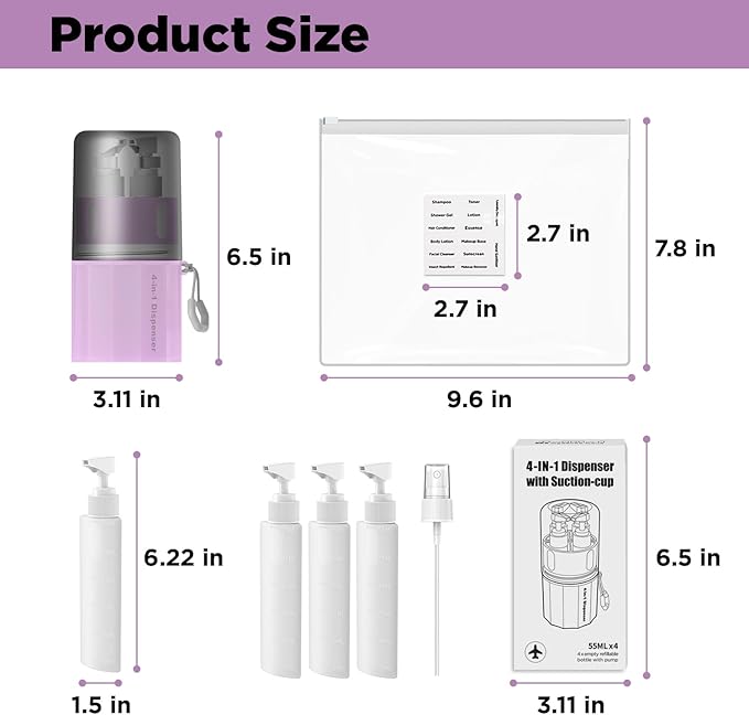 4 in 1 Travel Dispenser Bottle, TSA Approved Refillable Shampoo and Conditioner Bottles Set with Suction Cup for Smooth Walls, Travel Size Toiletries Container for Body Wash/Lotion.(Pink)