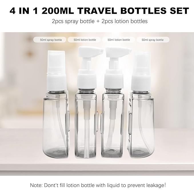 Skycase Travel Bottles - Leak Proof Refillable Tsa Approved Travel Size Toiletries, 4 in 1 Liquid Bottles Containers with Labels and Funnel Airplane Accessories Kits for Lotion Liquid (Pink)