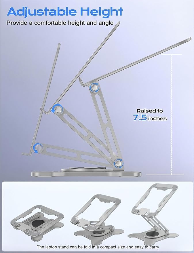 Adjustable Laptop Stand for Desk, 360° Rotating Base Ergonomic Computer Stand, Laptop Riser Foldable Protable for Office Home Fits Compatible with MacBook Pro/Air Notebook up to 10-16" Gray