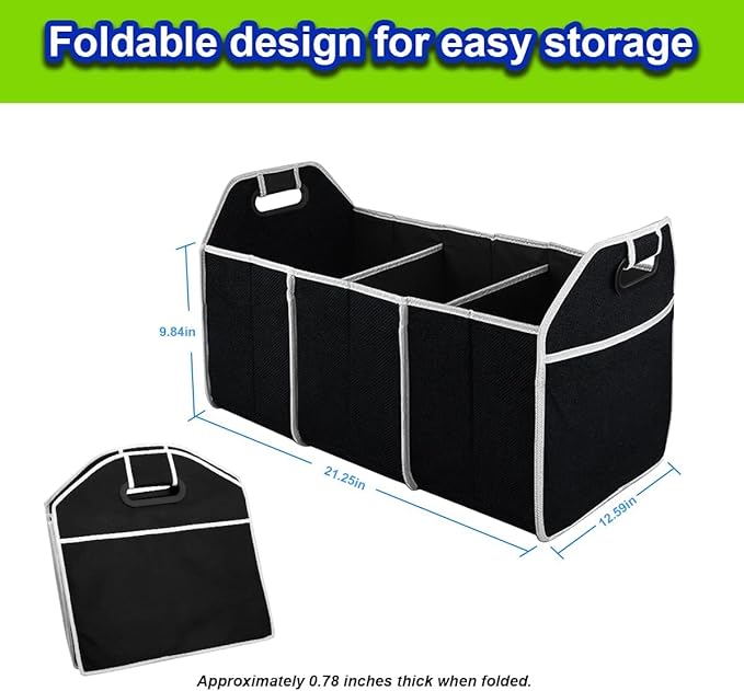 Car Trunk Organizer, Portable Foldable Waterproof Auto Storage Bag with 3 Compartments, Collapsible Cargo Trunk Groceries Organizer, Car Accessories Universal for SUV, Truck, Van, Sedan (Black)