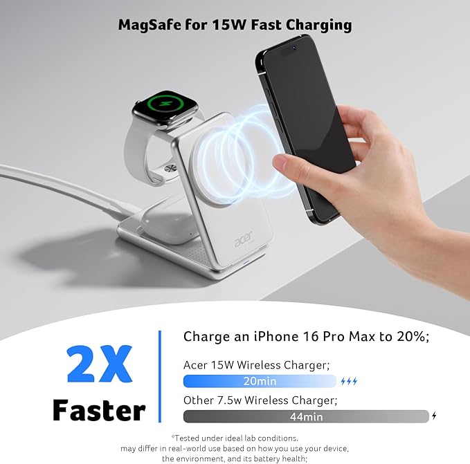 Acer 3 in 1 Charging Station for iPhone, Wireless Charger Stand,15W Fast MagSafe Charger for iPhone 17 16 15 14 13 12 Series-Apple Watch 11 10 9 8 7 6 5 4 3 2 SE and Ultra Series-Airpods 4 3 2 Pro