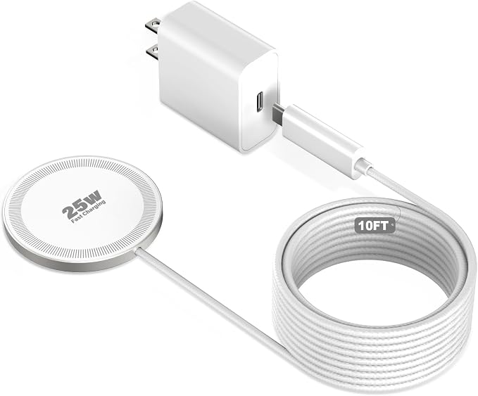 25W Magnetic Wireless Charger, 10FT Fast Charging Pad Wireless Charge for iPhone 17 16 /AirPods3/2/Pro/for Galaxy S26 Ultra/Pixel 10 Series, Portable Charger for Desk& Travel(1Pack,White)