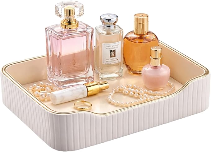 KINGFOM Prefume Tray, PU Leather Valet Tray Nightstand Organizer Trays for Men Women, Table Centerpieces Decorative Vanity Trays, Desk Organizer Tray for Key Jewelry Cosmetics (Ivory White)