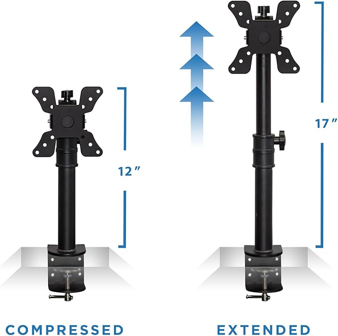 Mount-It! Single Monitor Desk Mount - Vertical Monitor Stand with Height Adjustable Telescoping Pole - Fits 19??4 Inch VESA Monitors - Tilt & Swivel - Heavy-Duty Desk Clamp