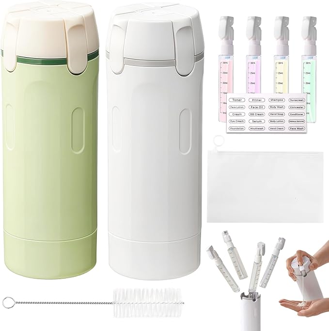 4 in 1 Travel Dispenser, 4 Pack 30ML Leak Proof Travel Size Bottles with Stickers, Brush & Storage Bag, Refillable TSA Approved Travel Toiletry Container Set for Shampoo, Lotion (White+Green)