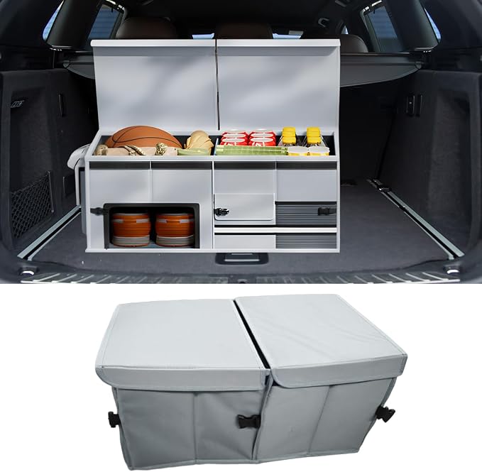 Car Trunk Organizer, Collapsible Multi Compartment Cargo Storage Box with Lid & Reinforced Handles, Adjustable Waterproof Vehicle Storage Organizer Accessories for Car SUV Truck (Gray)