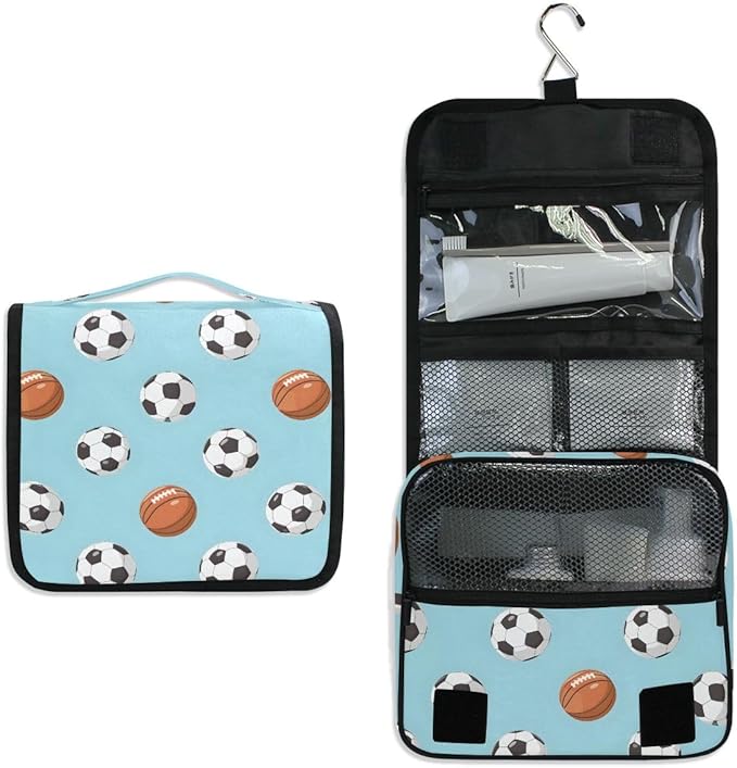 senya Hanging Travel Toiletry Bag Kit Boys Makeup Case Cosmetics Organizer for Men Women (Football And Basketball)