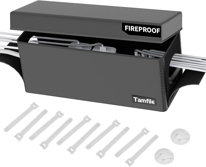 Tamfile Cable Management Box, Fireproof Foldable Cord Organizer and Cover, Heat Resistant Large Power Strip Organizer for TV Wires, Computer and USB Hub with Cable Clips & Reusable Cable Ties (Black)