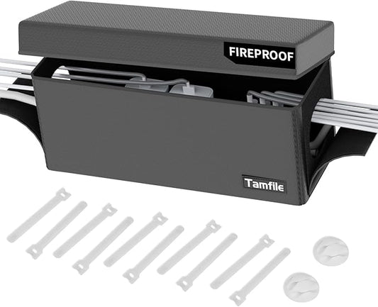 Tamfile Cable Management Box, Fireproof Foldable Cord Organizer and Cover, Heat Resistant Large Power Strip Organizer for TV Wires, Computer and USB Hub with Cable Clips & Reusable Cable Ties (Black)