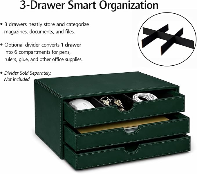UnionBasic Document Organizer, 3-Drawer File Cabinet Document Storage Box, Office Desktop Filing Organizer, Dark Green