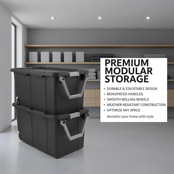 40 Gallon Heavy-Duty Rolling Storage Bins 2-Pack, Dark Gray Industrial Plastic with Pivot Handle, Leakproof Lid & Latches, for Garage Warehouse Equipment Transport & Storage