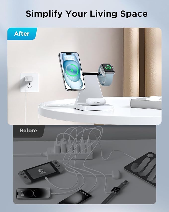Magnetic Wireless Charger for iPhone - 3-in-1 Fast Charging Station Compatible with MagSafe Charger iPhone 16-12 Series Apple Watch AirPods for Nightstand Desktop Bedside (White)
