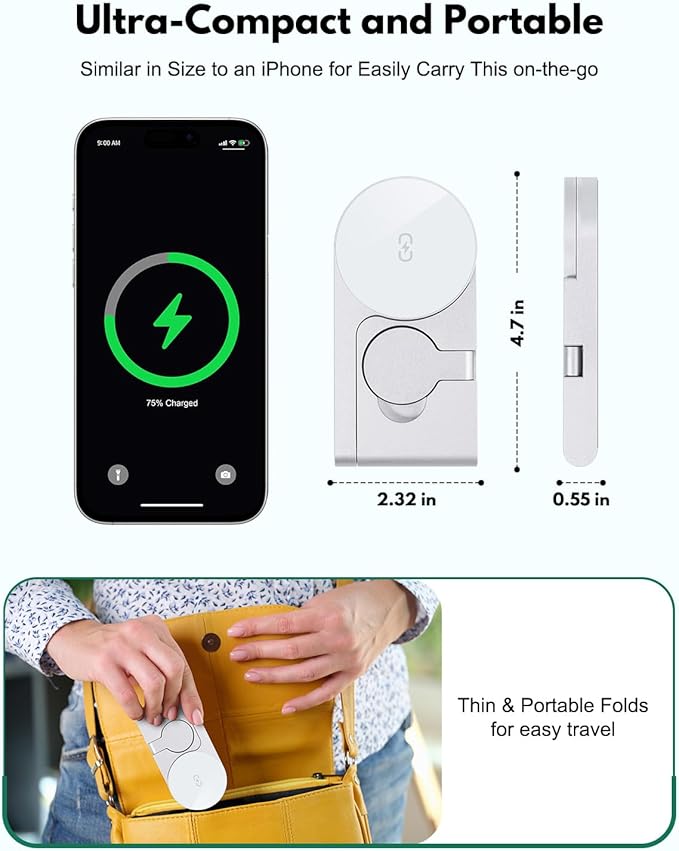 2026 3 in 1 Wireless Charging Station Mag-Safe Fast Charging Station for Apple MagSafe Charger, with USB C Charger, Foldable Charging Magnetic Wireless Charger Stand, Space Aluminum Travel Charger