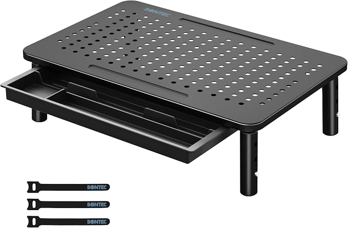 BONTEC 1 Pack Adjustable Monitor Stand Riser with Drawer, Ergonomic Mesh Platform Computer Monitor Stand for Desk, Ventilated Laptop and PC Stand with Cable Management, Supports up to 44lbs